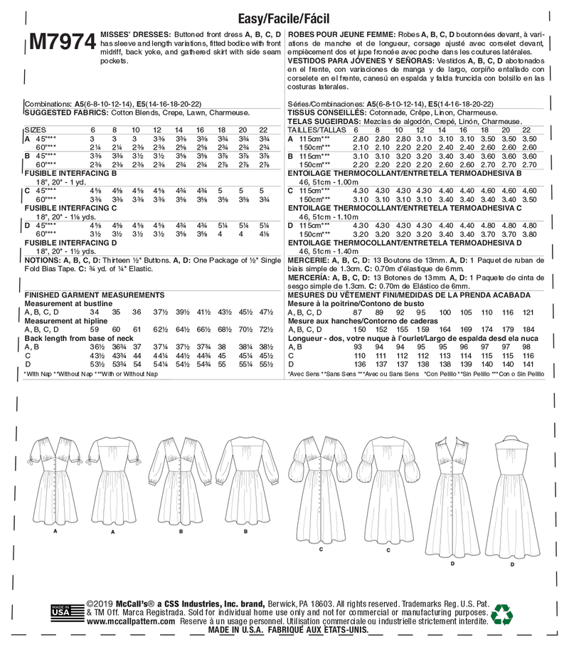 M7974 Misses' Dresses (size: 14-16-18-20-22)