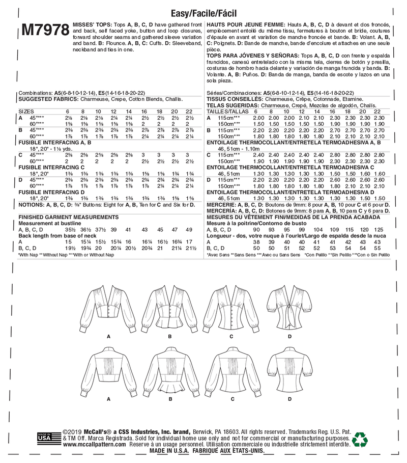 M7978 Misses' Tops (size: 14-16-18-20-22)