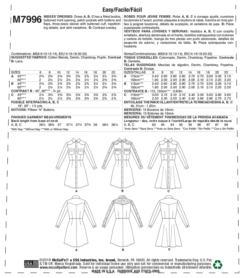 M7996 Misses' Dresses (size: 6-8-10-12-14)