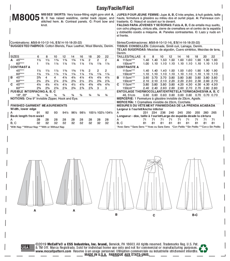 M8005 Misses' Skirts (size: 6-8-10-12-14)