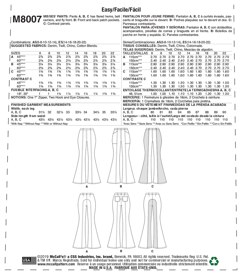 M8007 Misses' Pants (size: 6-8-10-12-14)