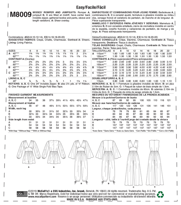 M8009 Misses' Romper and Jumpsuits (size: 6-8-10-12-14)
