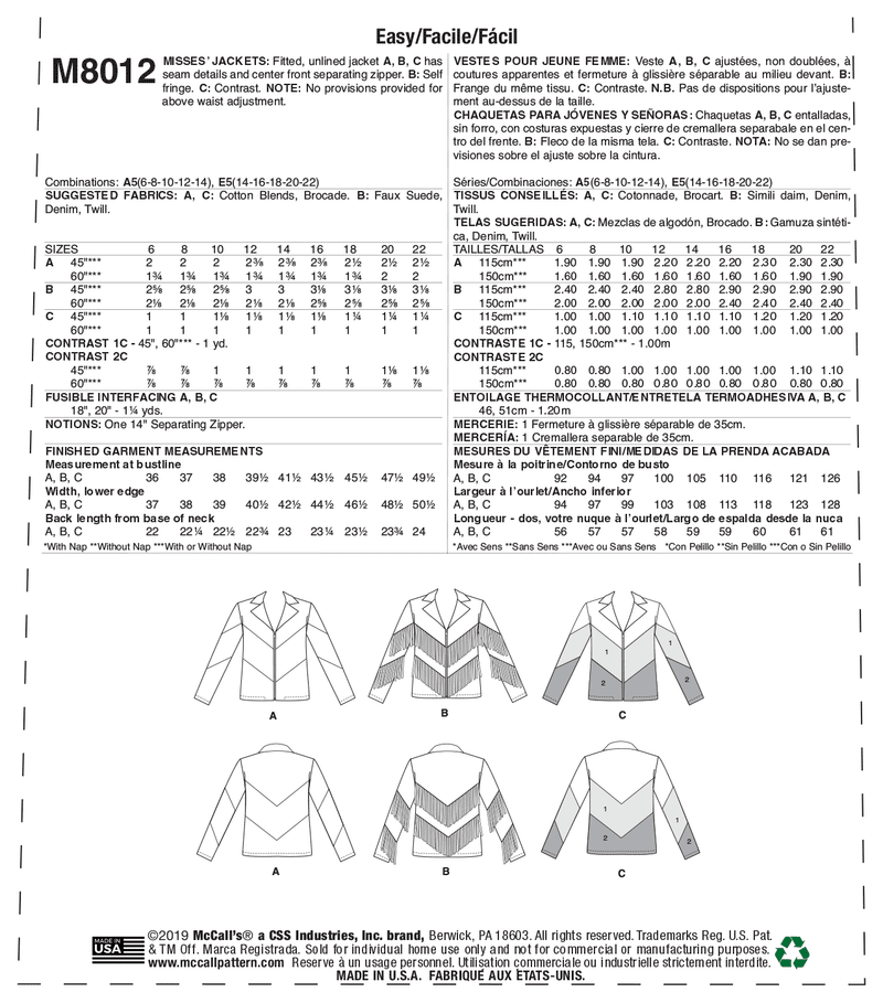 M8012 Misses' Jackets (size: 14-16-18-20-22)