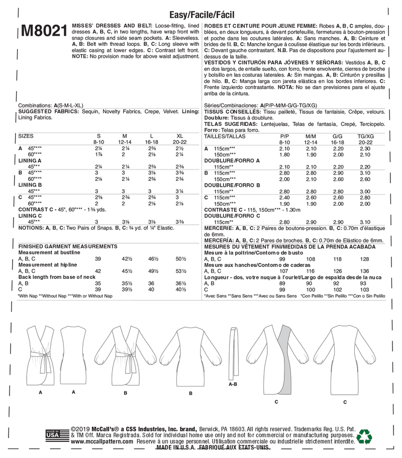 M8021 Misses' Dresses & Belt (size: S-M-L-XL)