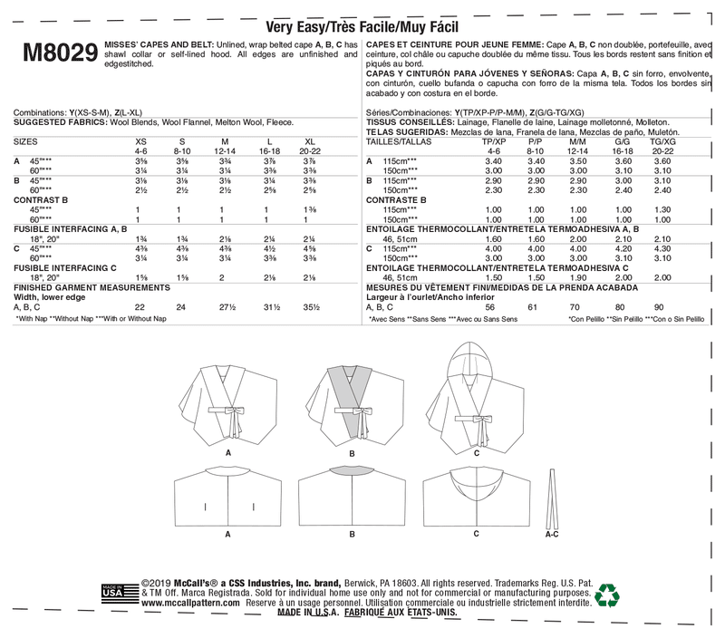 M8029 Misses' Capes & Belt (size: L-XL)
