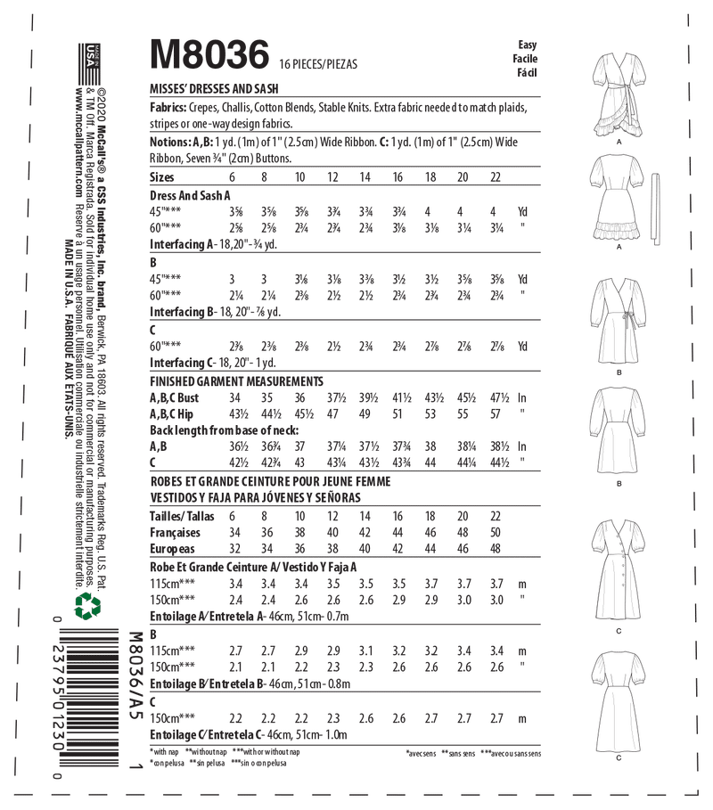 M8036 #SashaMcCalls - Misses' Dresses & Sash (size: 6-8-10-12-14)