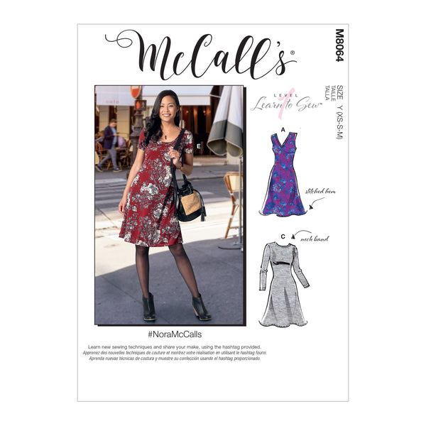M8064 #NoraMcCalls - Misses' Knit Dresses with V, Crew or Scoop Necklines (size: XS-S-M)
