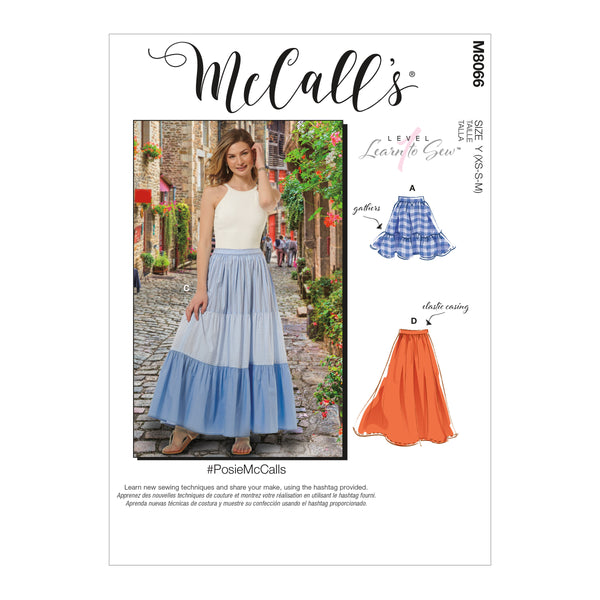 M8066 #PosieMcCalls - Misses' Pull-On Gathered Skirts with Tier and Length Variations (size: XS-S-M)