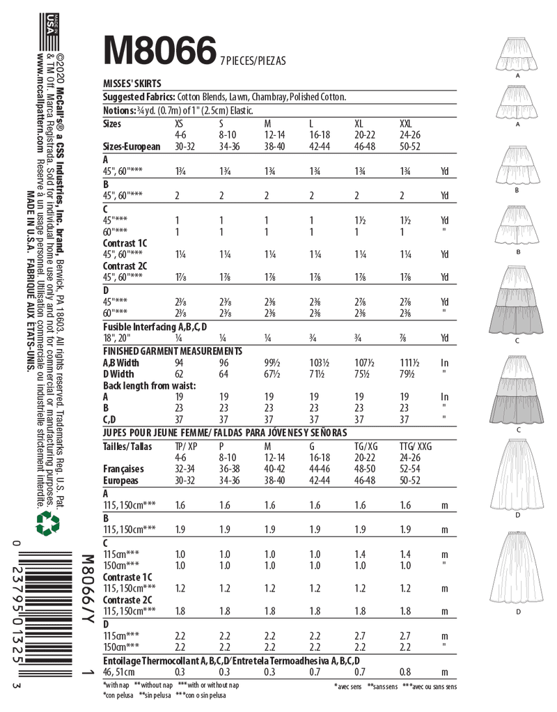 M8066 #PosieMcCalls - Jupes froncées avec variantes de volants et de longueur pour Jeune Femme (grandeur : TP-P-M)