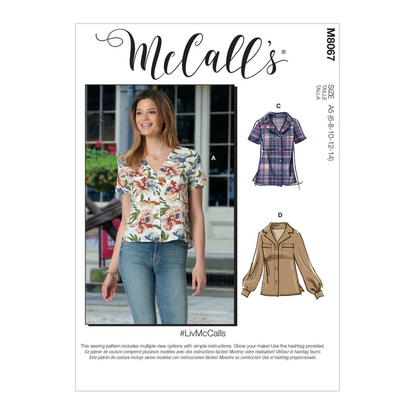 M8067 #LivMcCalls - Misses' Button-Front Tops with Collar and Sleeve Options (size: 6-8-10-12-14)