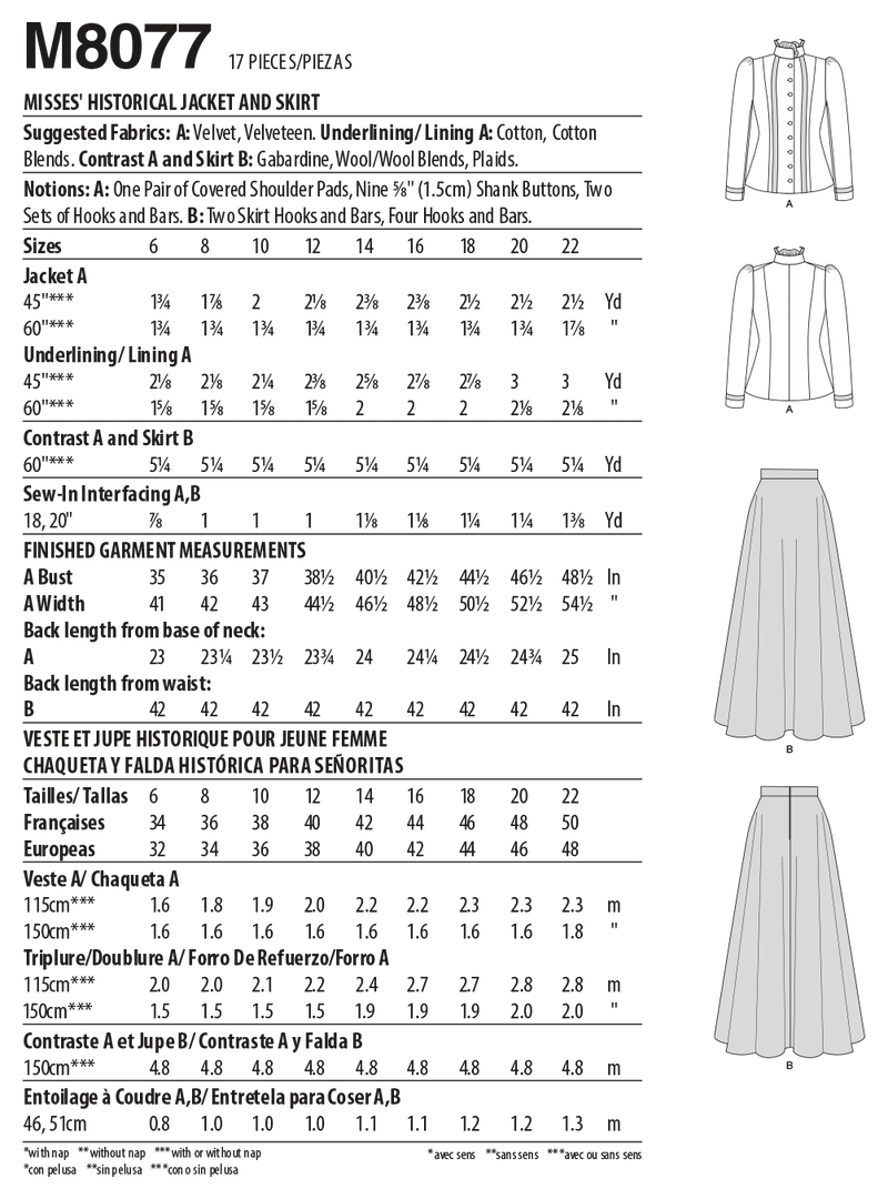 M8077 Veste et jupe historiques pour Jeune Femme (grandeur : 6-8-10-12-14)