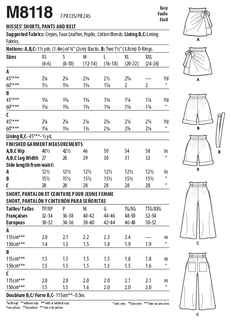 M8118 #SequoiaMcCalls - Misses' Shorts, Pants & Belt (size: XS-S-M)