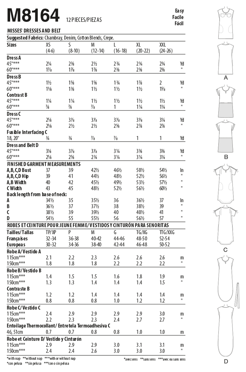 M8164 #RobinMcCalls - Robe à passer par la tête avec attache, variations de poches et ceintures pour femme (Size: G-TG-TTG)