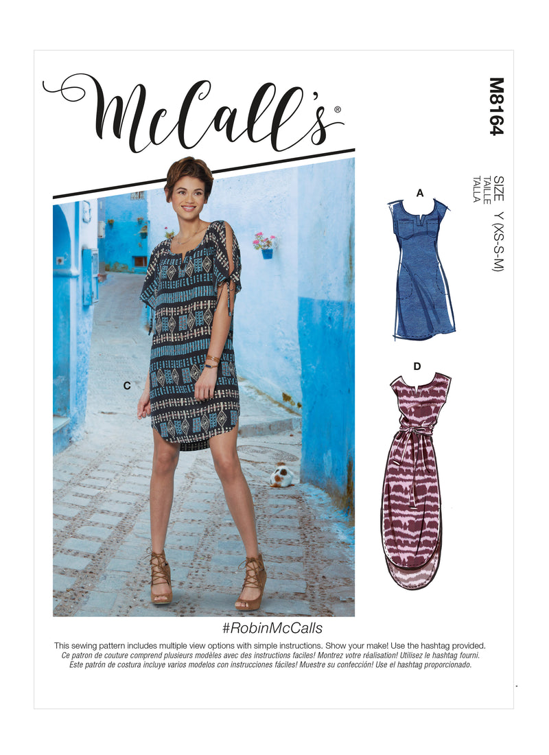 M8164 #RobinMcCalls - Misses' Pullover Dresses With Sleeve Ties, Pocket Variations & Belt (Size: L-XL-XXL)