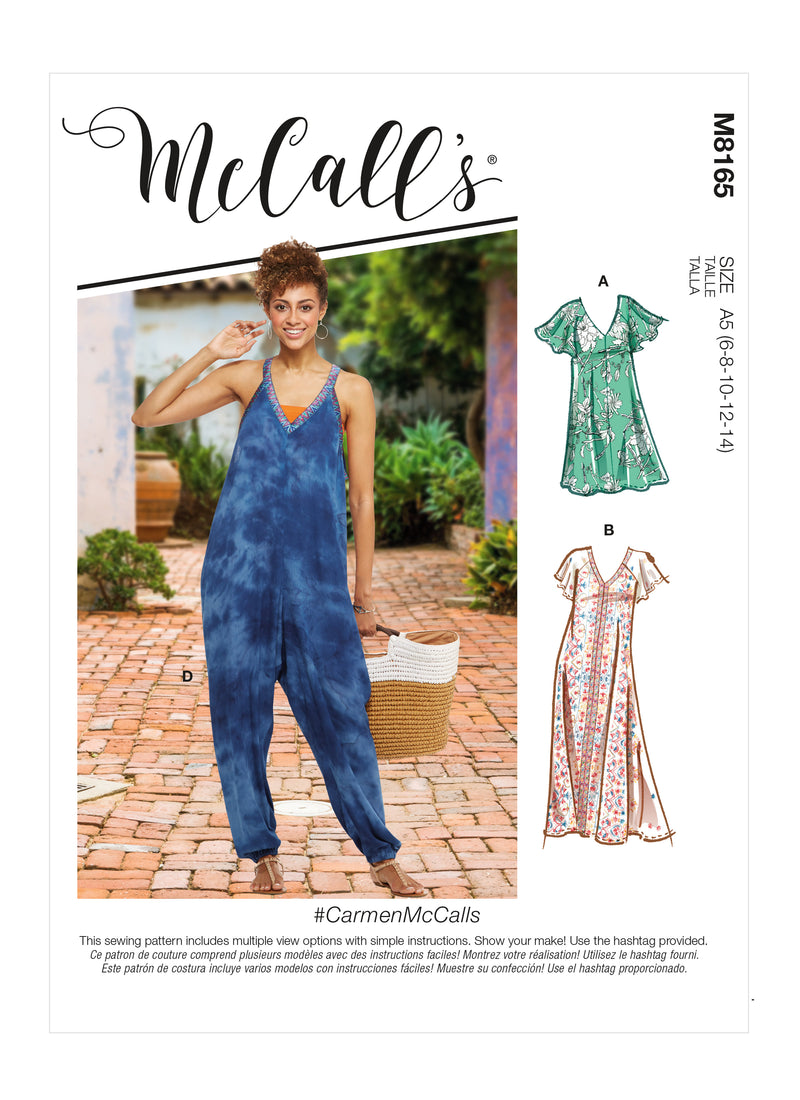 M8165 #CarmenMcCalls - Misses' Very Loose-fitting V-neck Dresses & Jumpsuit (Size: 6-8-10-12-14)