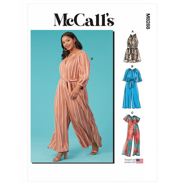 M8288 Misses' and Women's Romper, Jumpsuits and Sash (26W-28W-30W-32W)