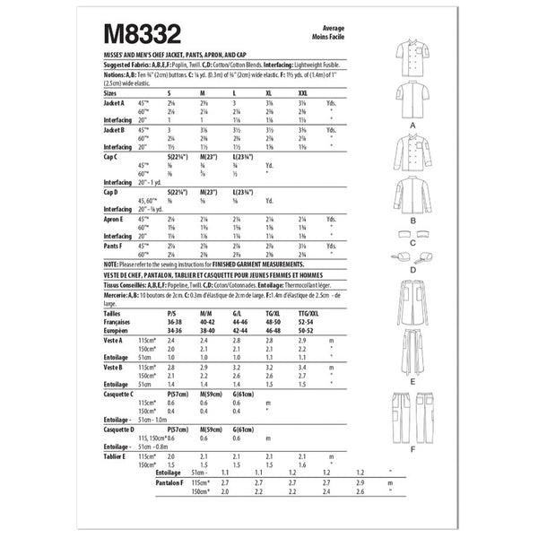 M8332 Misses' and Men's Chef Jacket, Pants, Apron and Cap (S-M-L-XL-XXL)
