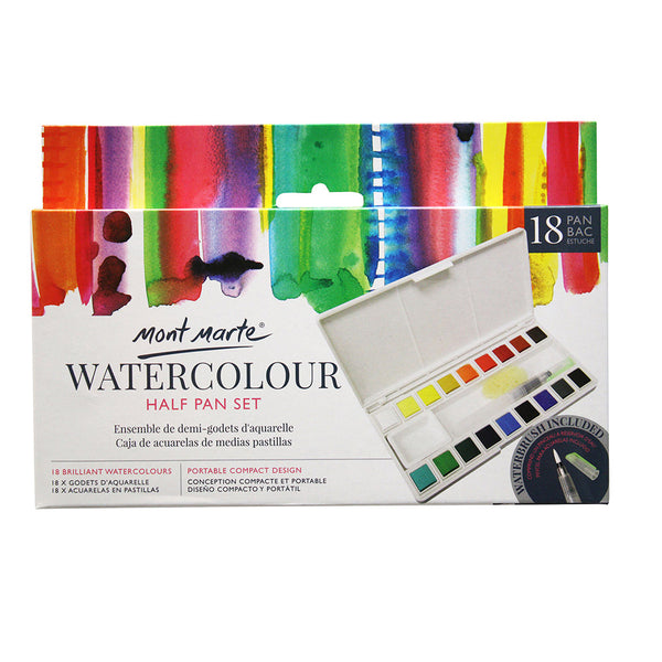 MONT MARTE Watercolour Paint 18 Colour Half Pan Set with Brush, Sponge and Dish