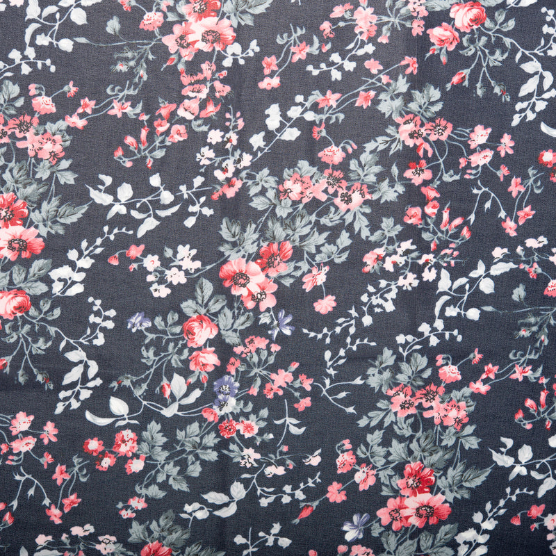 Tissu de polyester imprimé assorti - Branche fleuris - Noir / Rouge