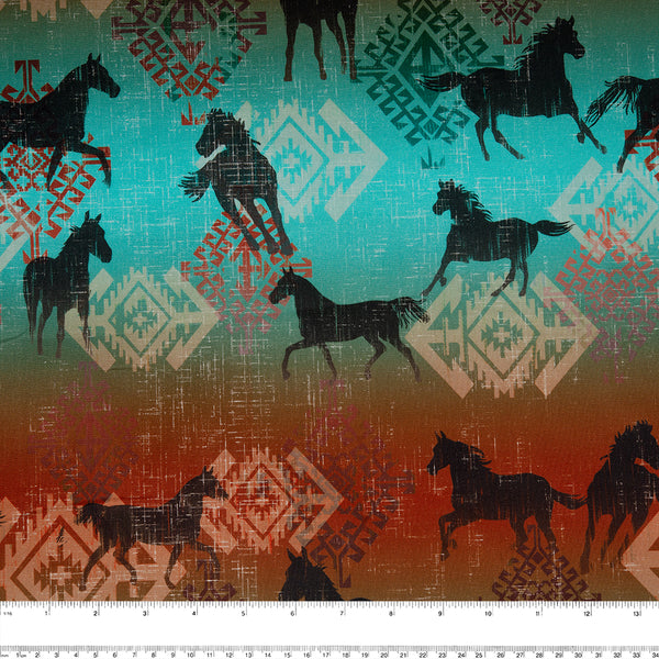 SPIRIT TRAIL Printed Cotton - Horses - Turquoise