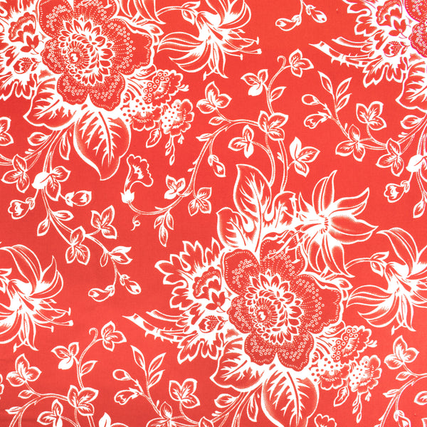 Coton imprimé contrastant - Pivoines - Rouge