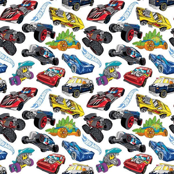 Licensed Cotton Print - Hot wheels - Tossed cars - White