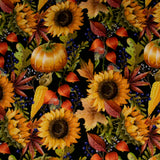 Coton imprimé - <HAPPY FALL> - Tounesol d'automne - Noir