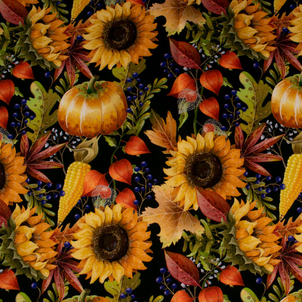 Coton imprimé - <HAPPY FALL> - Tounesol d'automne - Noir