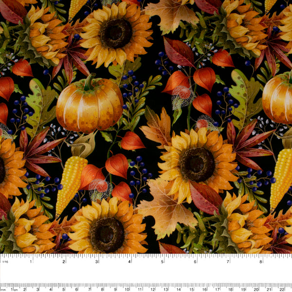 Coton imprimé - <HAPPY FALL> - Tounesol d'automne - Noir