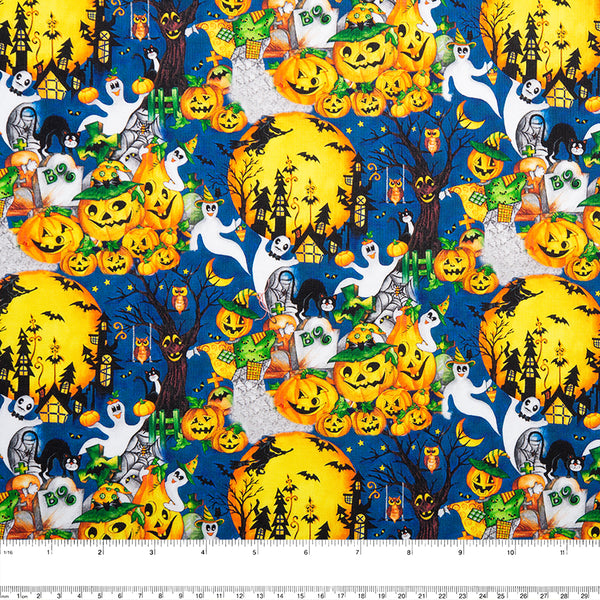 Imprimé amusant d'Halloween - Citrouille / Lune - Bleu