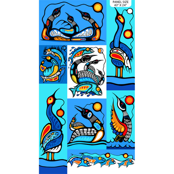 HEALING WATERS Printed Cotton -  Birds panel 24" X 43 (53cm X 109cm) - Blue