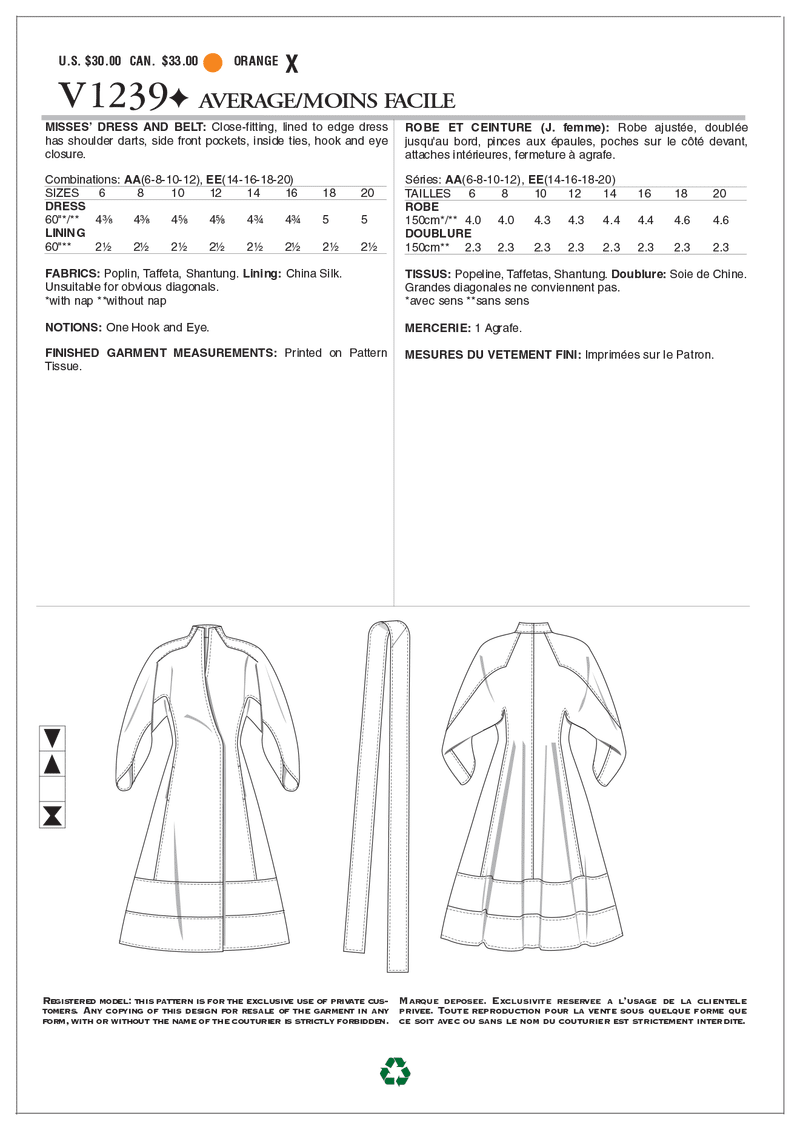 V1239 Robe et ceinture - Jeunes femmes (Grandeur : 6-8-10-12)