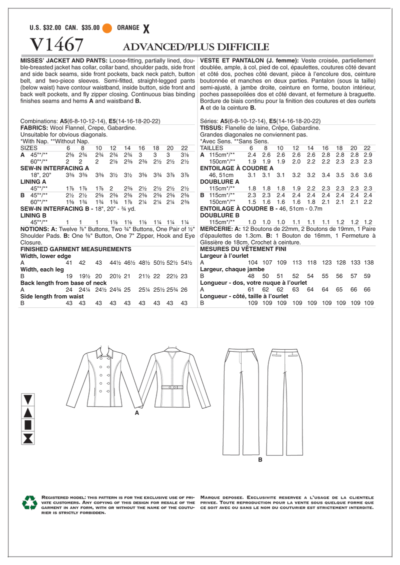 V1467 Misses' Jacket and Pants (Size: 6-8-10-12-14)