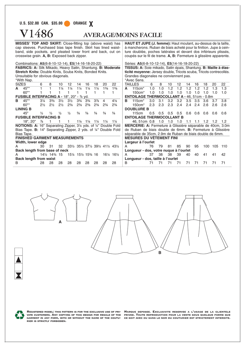 V1486 Misses' Crop Top and Flared Yoke Skirt (size: 6-8-10-12-14)