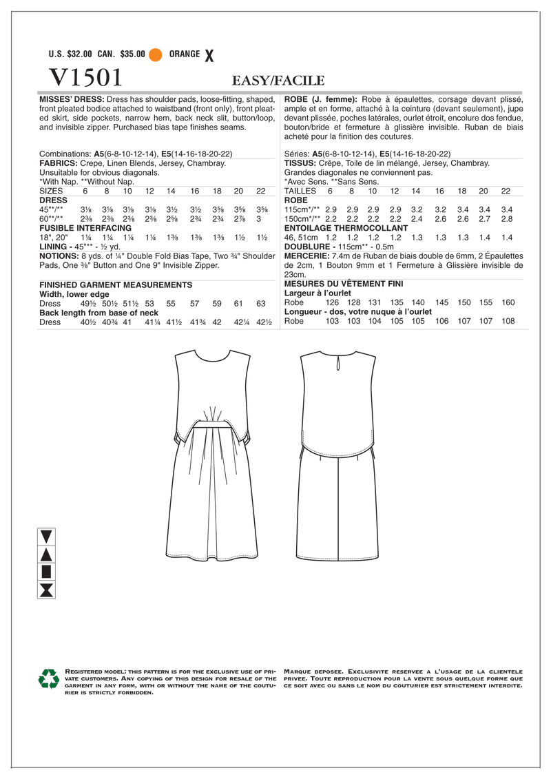 V1501 Misses' Mock-Tuck Pleated Dress