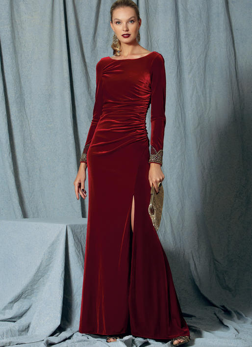 V1520 Misses' Side-Gathered, Long Sleeve Dress with Beaded Cuffs (size: 6-8-10-12-14)
