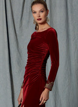 V1520 Misses' Side-Gathered, Long Sleeve Dress with Beaded Cuffs (size: 14-16-18-20-22)