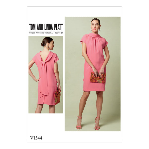 V1544 Misses' Lined Shift Dress with Back Drop-Collar and Tie