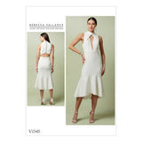 V1545 Misses' Lined Flounced Dress with Banded Neck and Deep-V Front