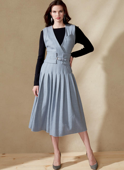 V1556 Misses' Sleeveless Surplice and Pleated Dress with Wide Belt (size: 6-8-10-12-14)