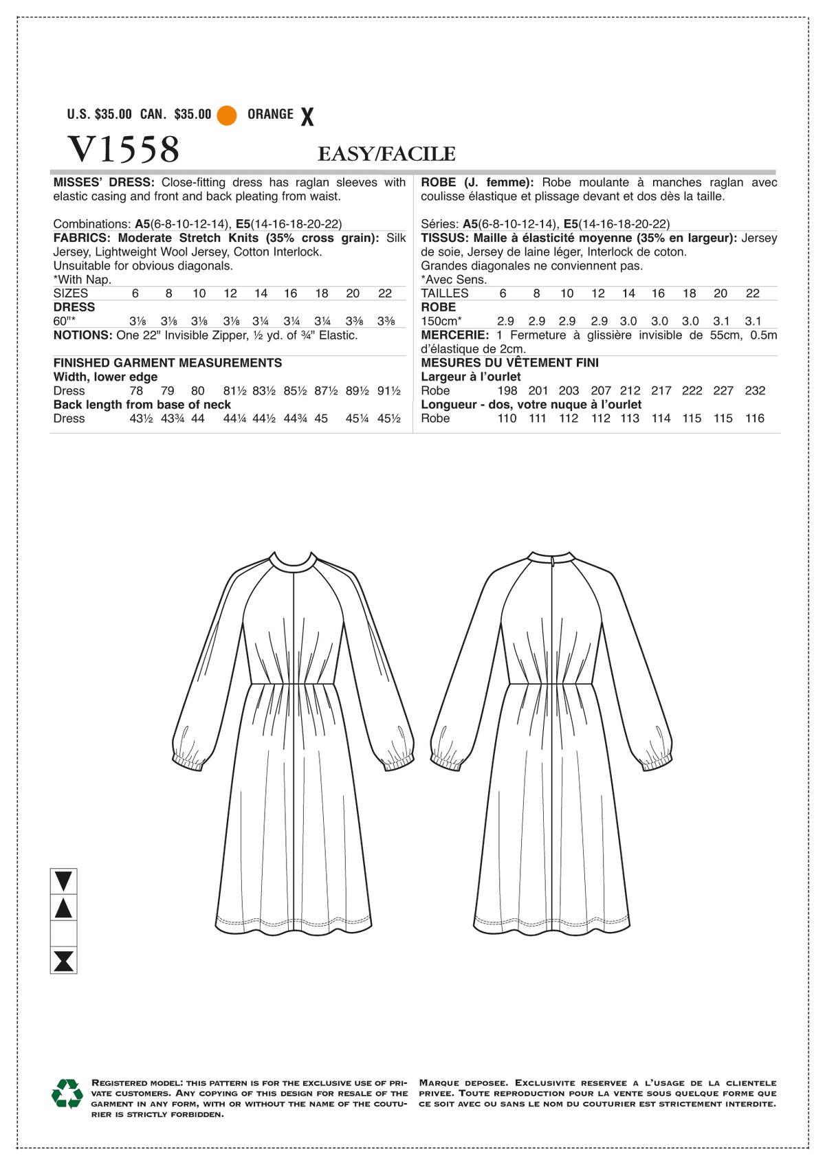 V1558 Misses' Raglan-Sleeve, Pleated Dress (size: 14-16-18-20-22) –  Fabricville