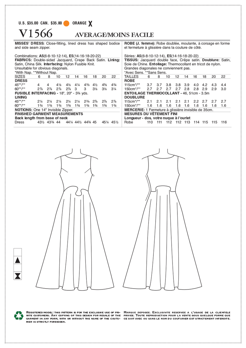 V1566 Misses' Fit-and-Flare Sleeveless Dress (size: 6-8-10-12-14)