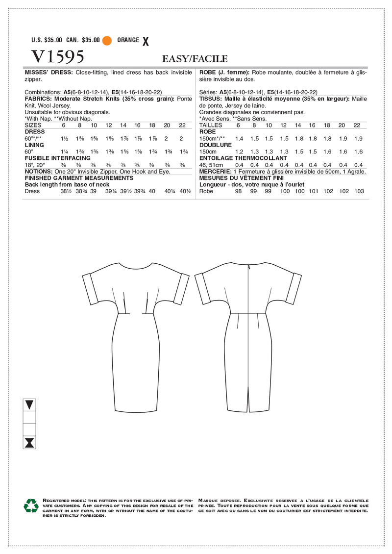 V1595 Misses' Dress (size: 6-8-10-12-14)