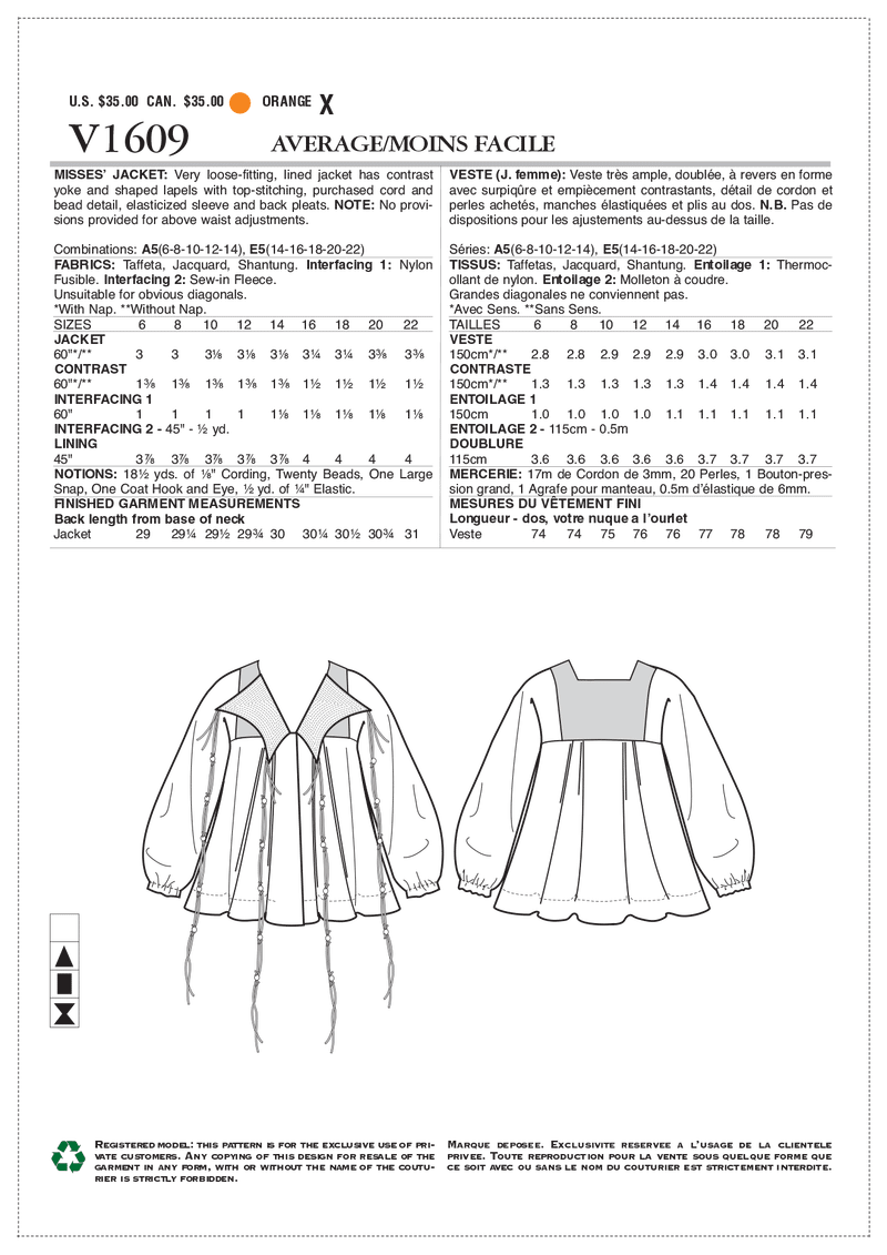 V1609 Misses' Jacket (size: 14-16-18-20-22)