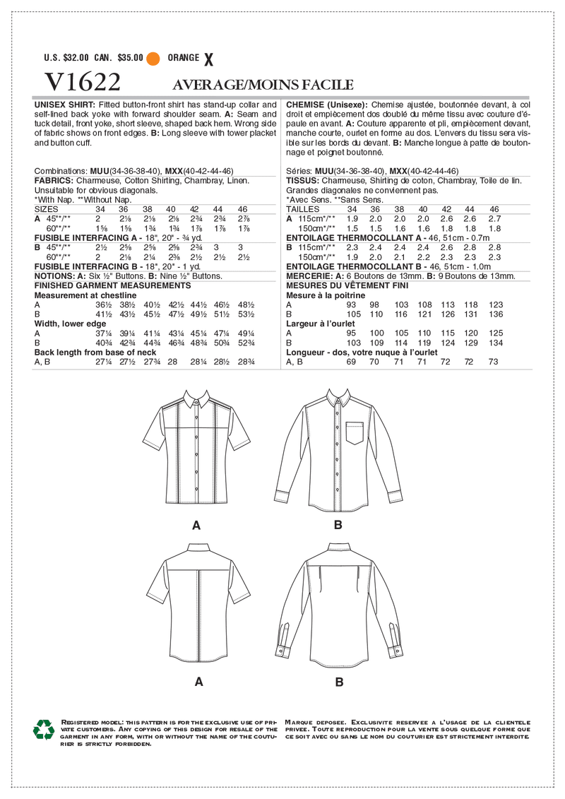 V1622 Unisex Shirt (size: 34-36-38-40)