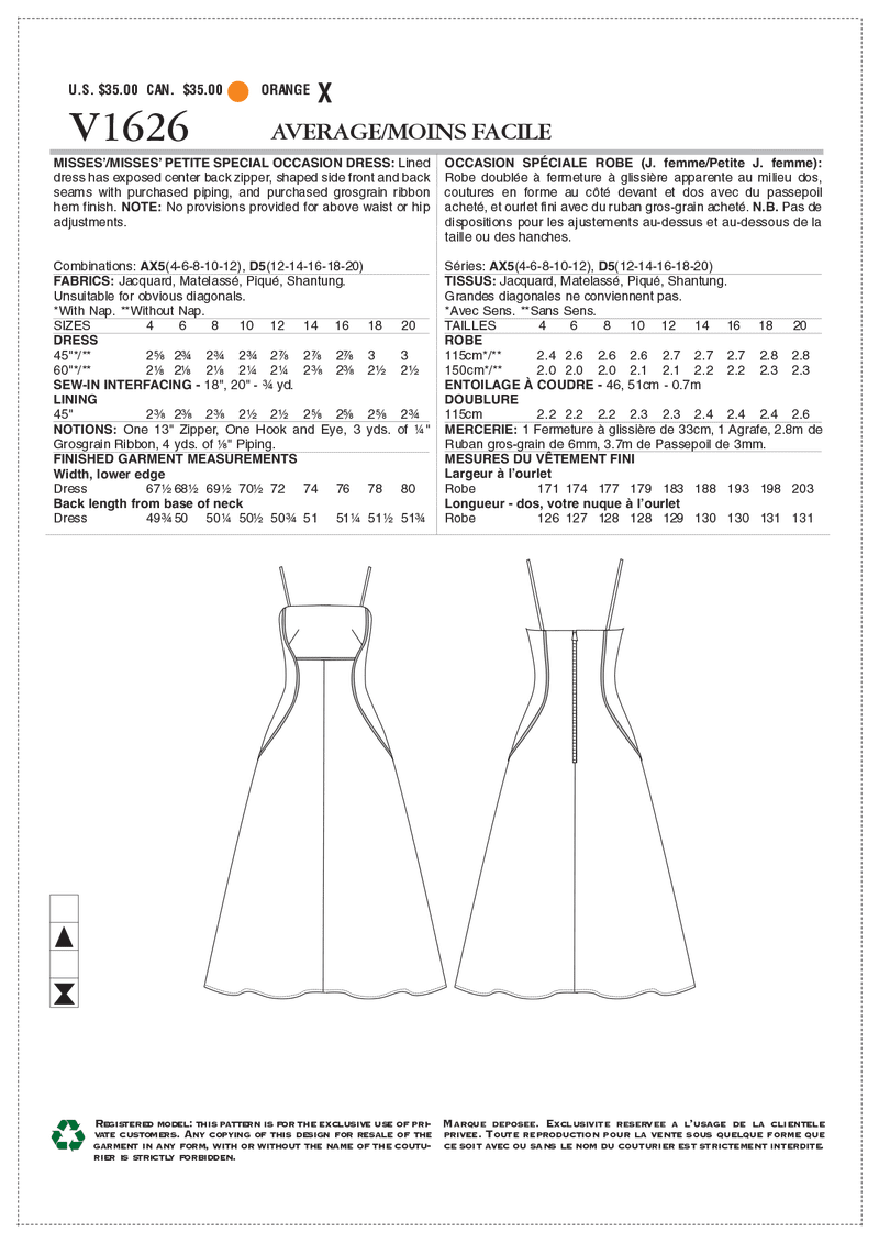V1626 Misses'/Misses' Petite Special Occasion Dress (size: 4-6-8-10-12)