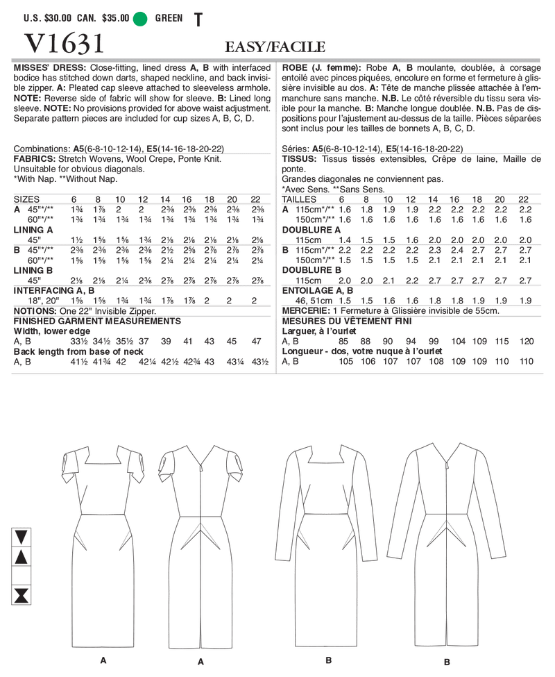 V1631 Misses' Dress (size: 6-8-10-12-14)