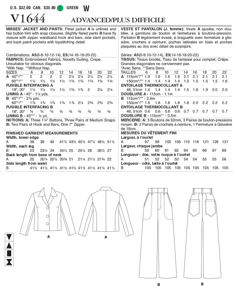 V1644 Misses' Jacket and Pants (size: 6-8-10-12-14)