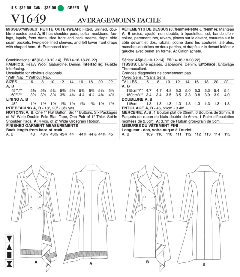 V1649 Misses'/Misses' Petite Outerwear (size: 6-8-10-12-14)