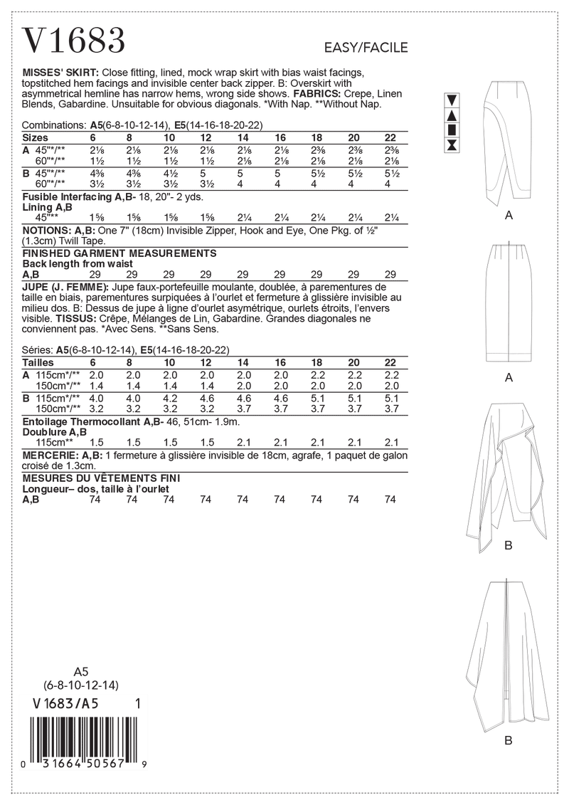 V1683 Misses' Skirt (size: 14-16-18-20-22)